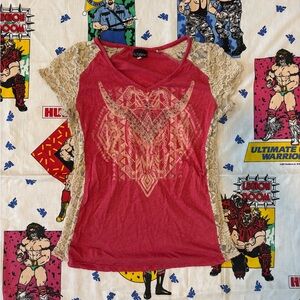 Daytrip Red Lace Sleeve V-Neck Shirt Small/Medium